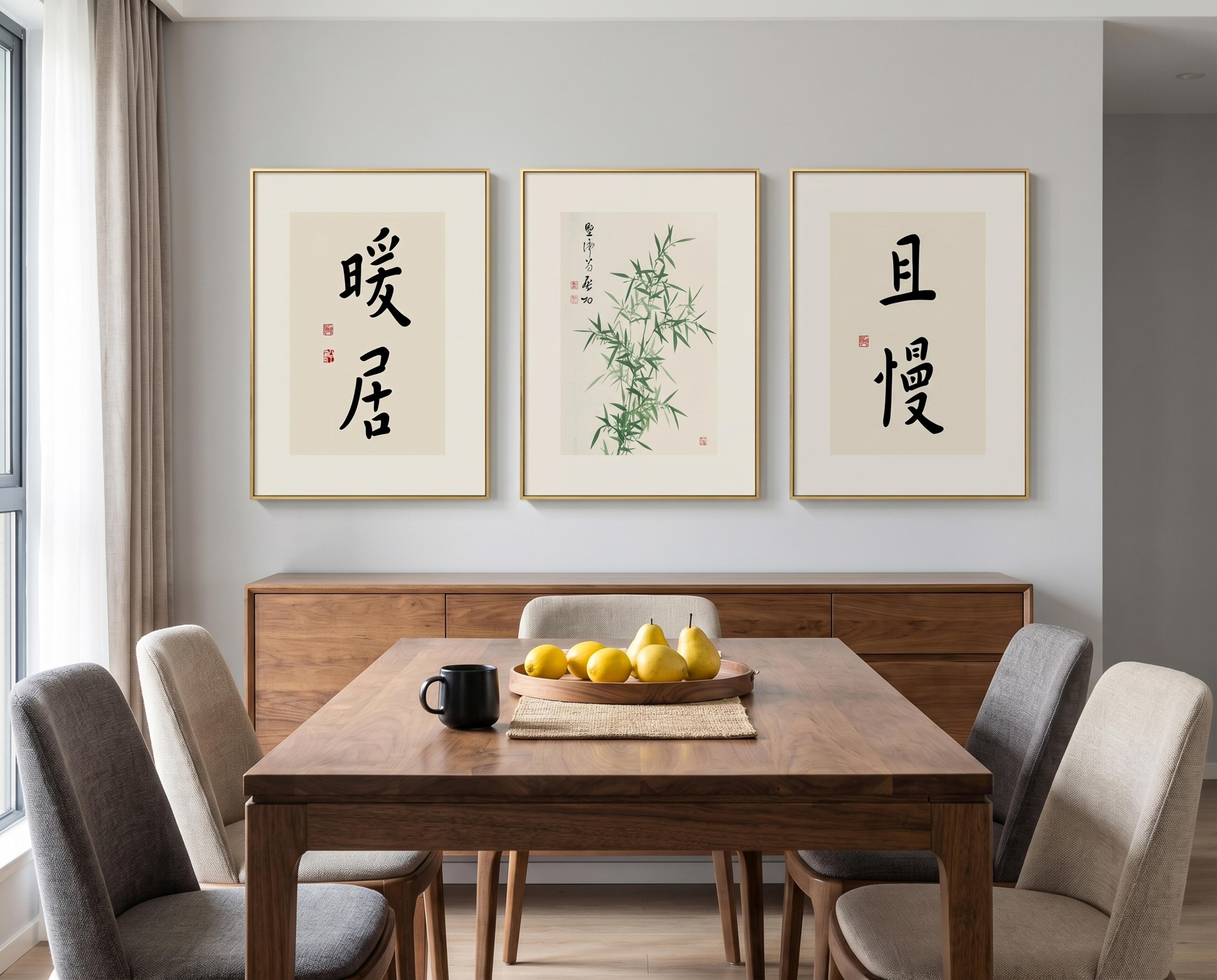保留原三联装饰画的内容、文字、色彩和框体完全不变，将背景替换为… - 图片创意预览