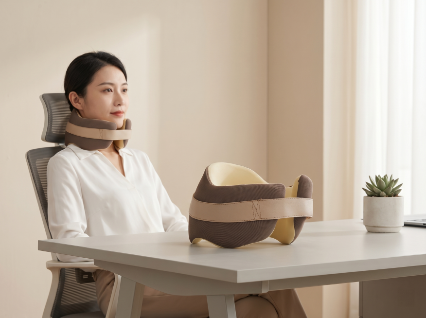 保持这个颈托产品的颜色、材质和物理结构绝对不变，放置在现代简约办公室的办公桌面上，美女白领坐在办公椅上使用这个颈托，办公环境整洁明亮，浅灰色桌面，浅米色墙面背景，拉开景深。全屋漫射柔光，模拟窗边自然光预览效果