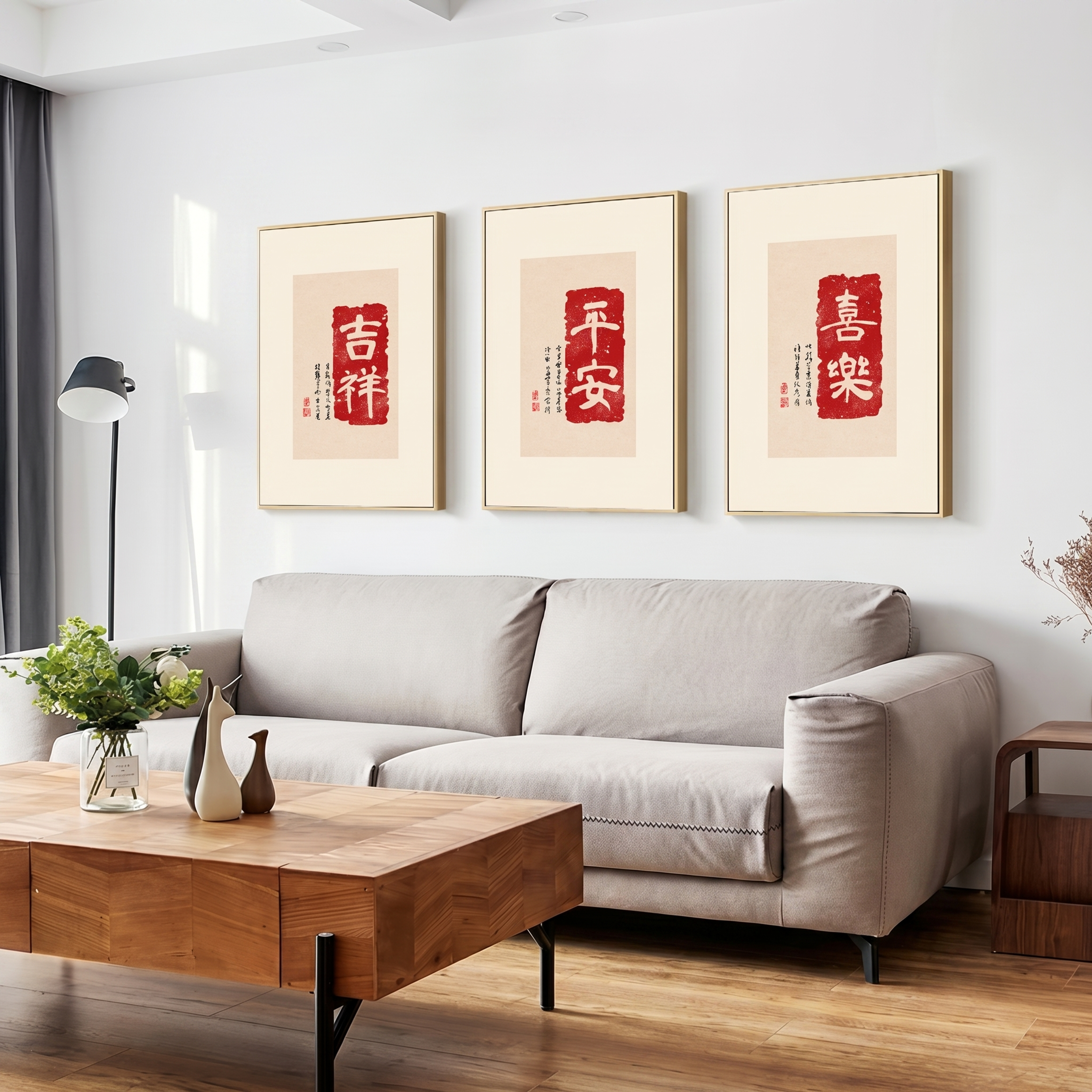 保留原三联装饰画的内容、文字、色彩和框体完全不变，将背景替换为… - 图片创意预览