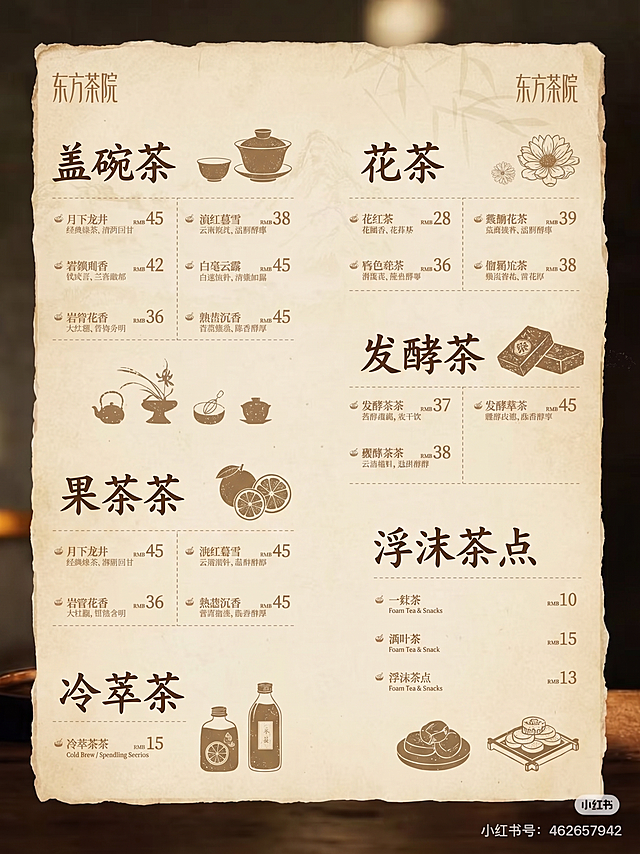 参考图一的新中式古风排版风格设计茶单菜单，使用图二表格中的所有茶品价格和品类信息，保持米黄纸张质感，棕绿色复古配色，保留东方茶院主题和茶叶剪影装饰，排版清晰分层，分为盖碗茶、花茶、发酵茶、果茶、冷萃茶、浮沫茶点几个板块
