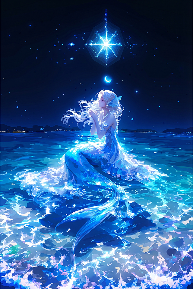 将图片转为4K高清清晰矢量图，去除图片中的手写签名水印和角落文字水印，保留原图中星空下海面许愿的白发美人鱼、发光八角星和月牙的所有内容和构图