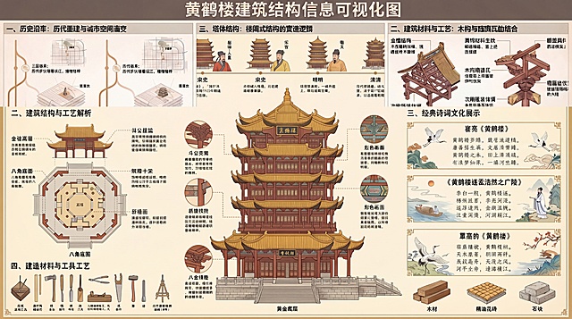 增强两张图中所有文字的清晰度与可读性：1）图1（黄鹤楼建筑结构信息可视化图）中各板块标题、标注线文字、说明文字；2）图2（黄鹤楼文化诗词信息可视化流程图）中时间轴文字、诗词内容、结构说明等。保持原排版、风格、配色不变，仅提升文字锐度与对比度，确保小字号仍清晰可辨