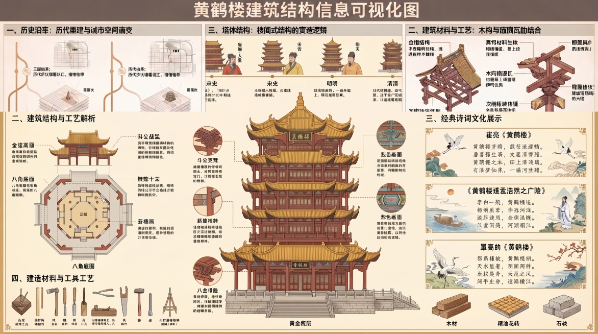 增强两张图中所有文字的清晰度与可读性：1）图1（黄鹤楼建筑结构信息可视化图）中各板块标题、标注线文字、说明文字；2）图2（黄鹤楼文化诗词信息可视化流程图）中时间轴文字、诗词内容、结构说明等。保持原排版预览效果