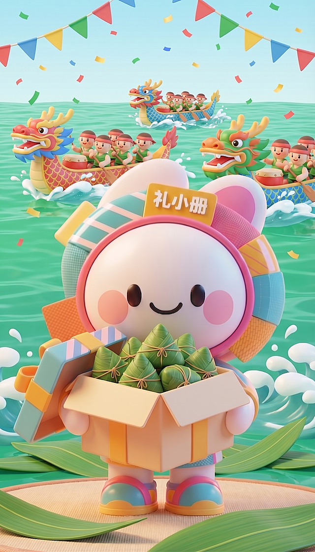 保留礼小册怀抱礼盒（内装满青绿色粽子）的姿势与形象不变，将背景替换为端午赛龙舟场景：碧绿水面、3艘彩色龙舟竞渡（每船有划手与鼓手）、飞溅浪花、空中飘扬彩旗与五彩纸屑, 近景可添加漂浮粽叶，整体保持3D软萌风格