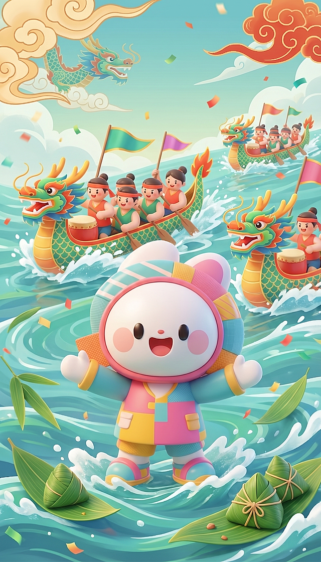 礼小册站在碧波水面上，双手张开欢呼，背景为多艘彩色龙舟激烈竞渡（每艘龙舟上有5名划手、鼓手、旗手），水面翻涌白色浪花，空中飘扬彩旗与五彩纸屑，近景有漂浮的粽叶与系绳粽子，整体3D软萌风格