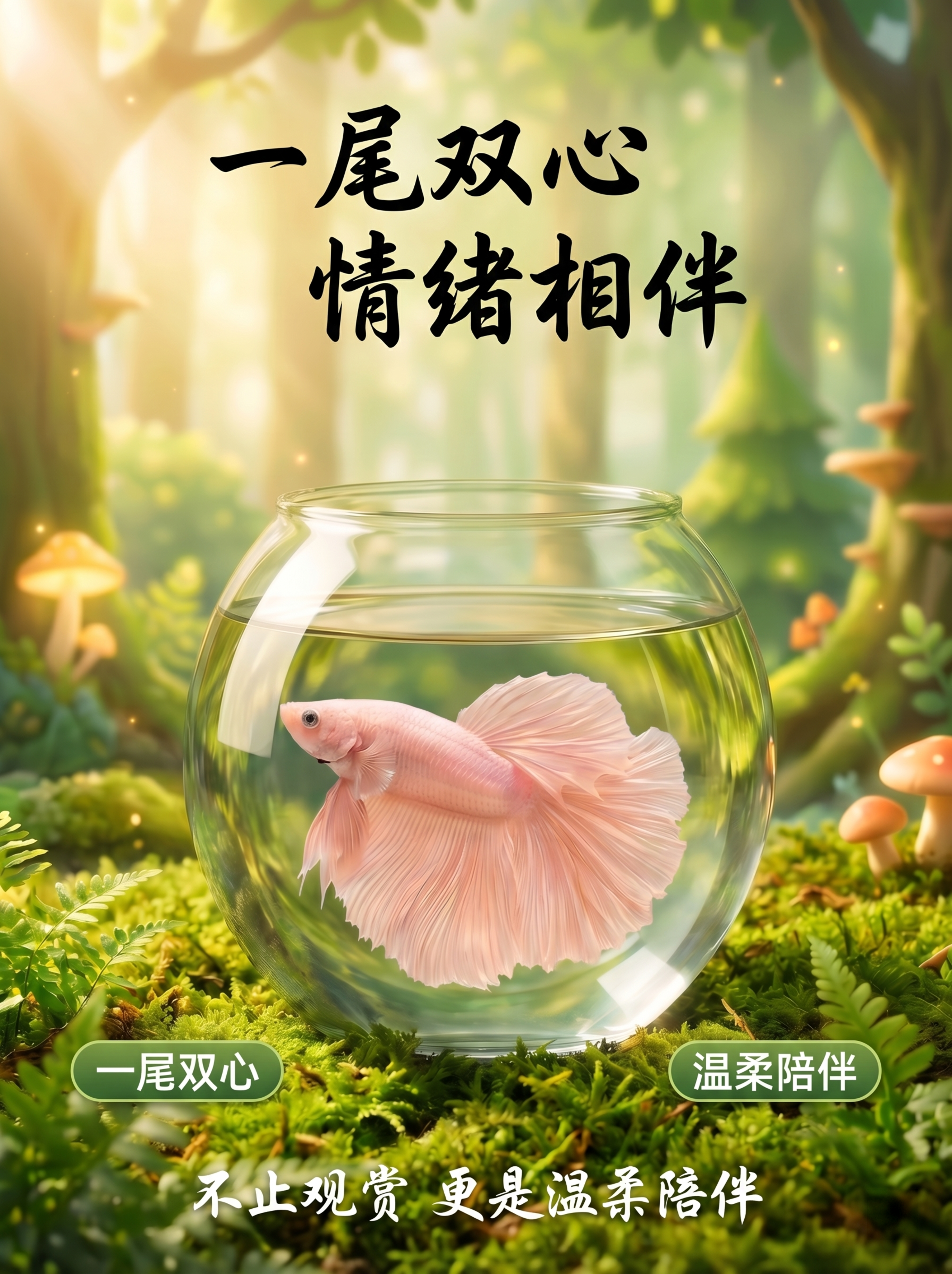 将图二改成图一一样的构图和风格，鱼缸放在苔藓草地上，背景是森林… - 图片创意预览