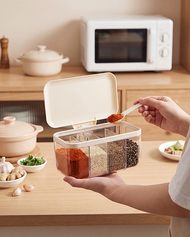 奶白色盖子透明分隔调味盒，四个格子每个都装满不同种类的干货调料（辣椒粉、白芝麻、孜然粒、胡椒碎），保留原产品外观和结构不改变，严禁扭曲变形，参照图一的厨房场景构图，人物手持打开的调味盒，舀出一勺调料展示，室内极简原木厨房场景，暖调奶油莫兰迪色系，搭配浅色木质台面和白色微波炉背景，柔和漫射柔光，产品受光面泛起暖米色，暗部及边缘映射浅木色光晕，画面中景构图，人物手部自然握持，微侧视角改变，替换道具为浅色汤锅和调味食材，重构背景细节，消除多余文字，严格锁定宽高比为 4:5，商业静物摄影，4K分辨率，保持产品结构清晰，各分格物理空间正确不穿模