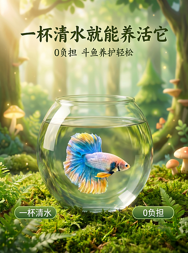 参考图1的构图和排版，为图2的斗鱼重新制作海报：鱼缸放在绿色苔藓地面，背景是森林场景，保留文字'一杯清水就能养活它 0负担 斗鱼养护轻松'，底部保留两个绿色按钮'一杯清水'和'0负担'，保持整体真实自然风格