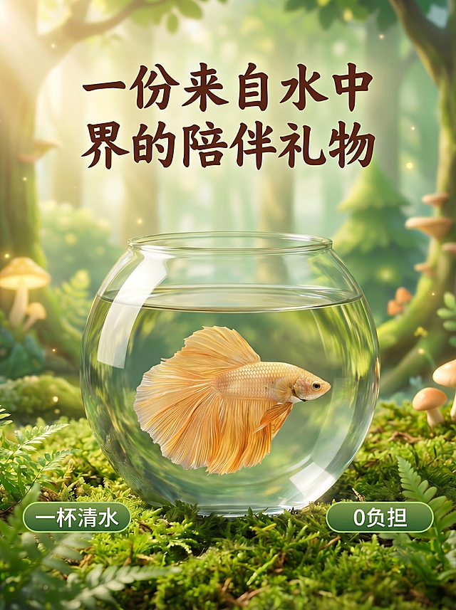 参考图一的构图和设计风格，为图二的金色斗鱼制作海报：圆形玻璃鱼缸装着清水，鱼缸放置在布满绿色苔藓的森林地面，背景是梦幻森林光斑，保留图二的文案：“一份来自水中界的陪伴礼物”，在底部添加两个绿色圆角按钮，分别写着“一杯清水”和“0负担”，整体风格清新自然，光影柔和