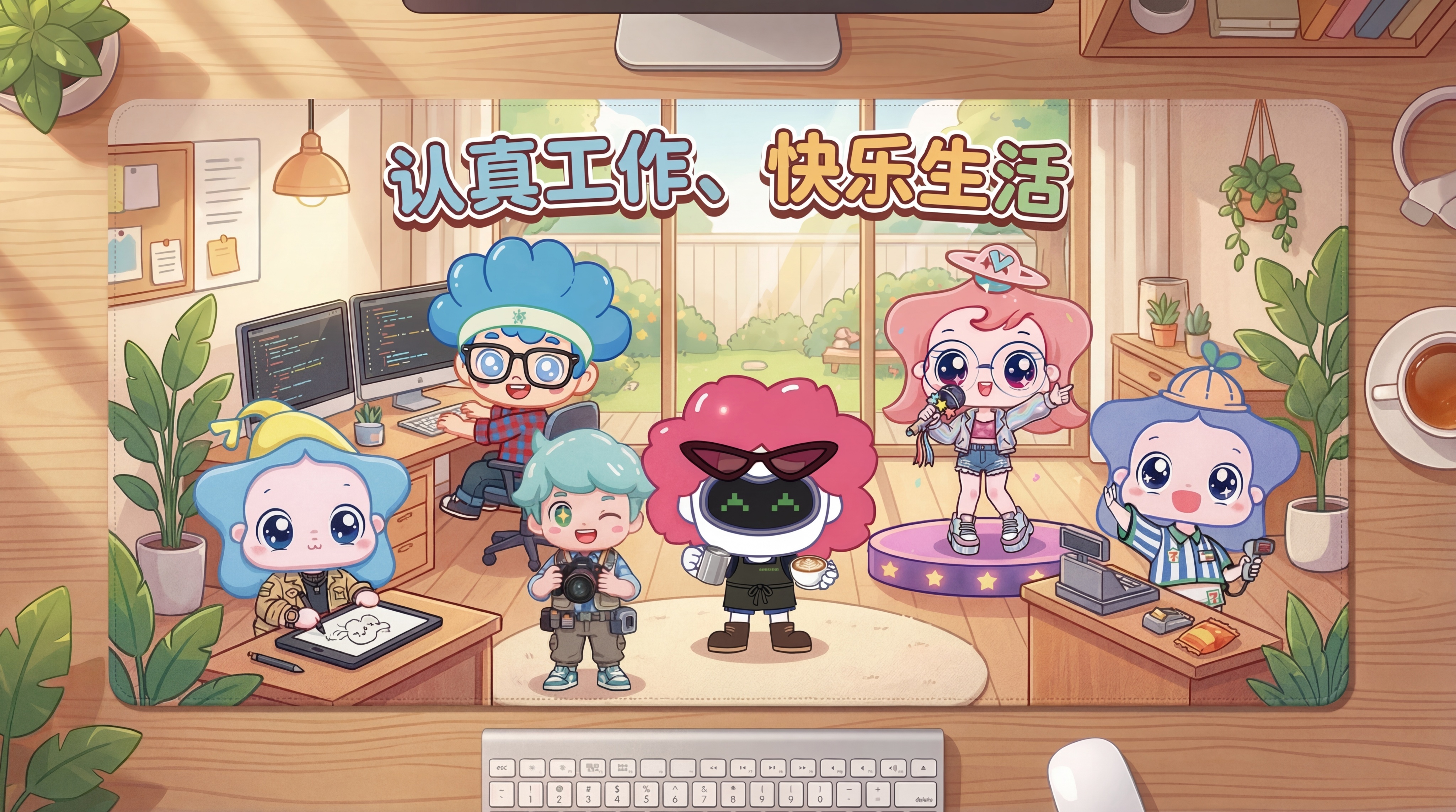 重新生成这款鼠标垫设计，保持所有人物特征和职业身份不变，保留标… - 图片创意预览