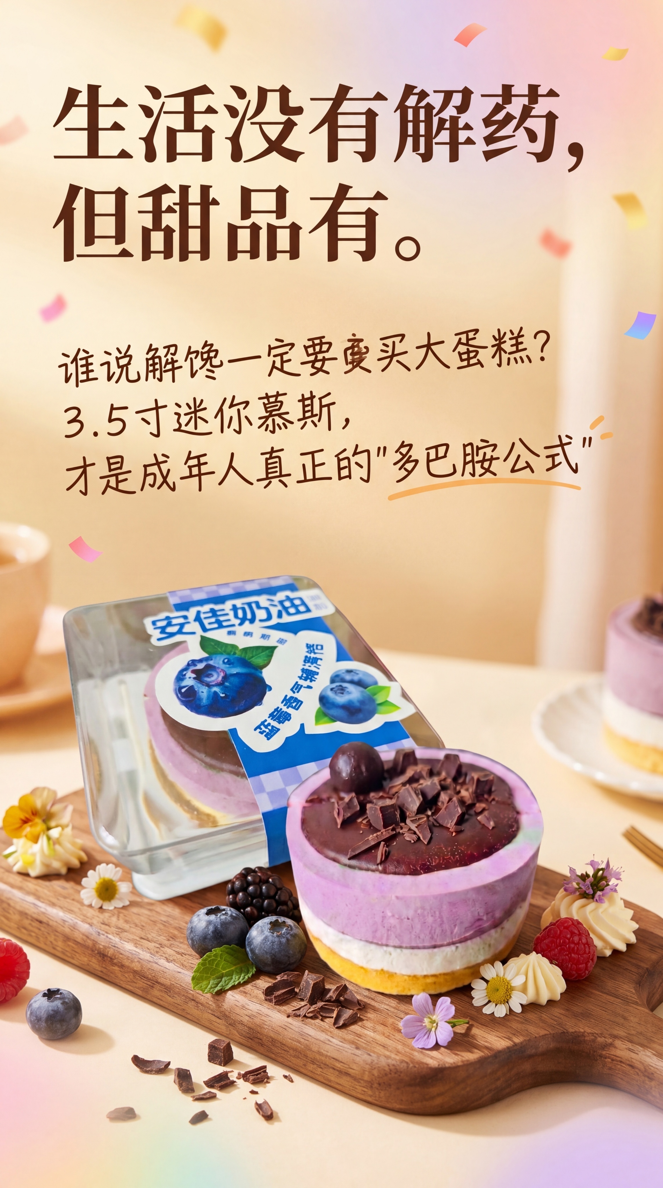 3.5寸迷你慕斯蛋糕甜品海报，将提供的两张产品图合成进去，整体… - 图片创意预览