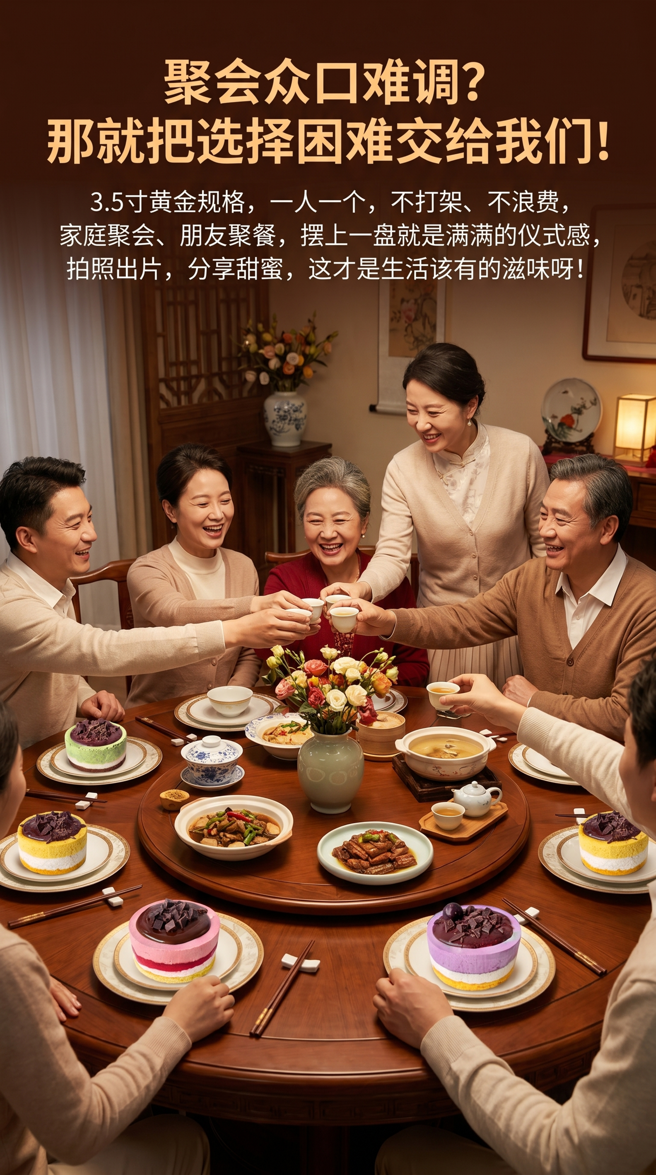 中式家庭朋友聚餐场景，中式圆形餐桌，上面摆放五个3.5寸的小蛋… - 图片创意预览