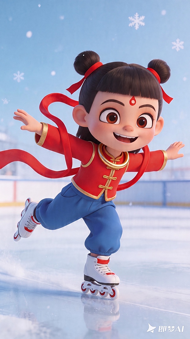 将哪吒脚上的冰鞋换成轮滑鞋子，保持整体风格一致，其他部分不变