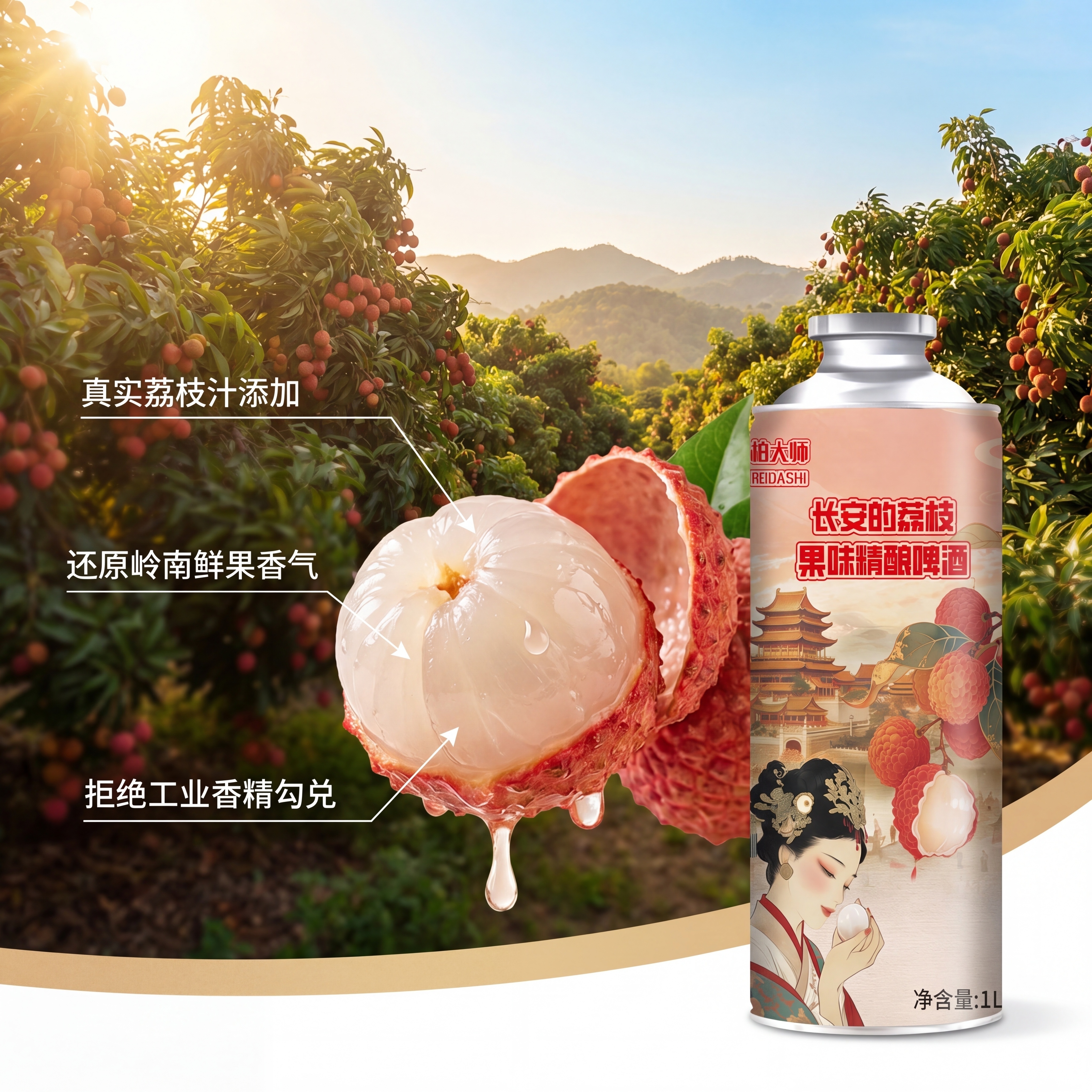 [主图 2] 柏大师长安的荔枝果味精酿啤酒核心卖点展示图，展示… - 图片创意预览