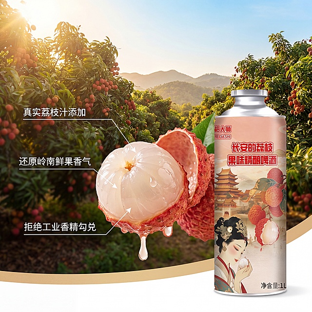 [主图 2] 柏大师长安的荔枝果味精酿啤酒核心卖点展示图，展示真实荔枝原料。画面中心放置切开的新鲜荔枝，果肉晶莹饱满汁水丰盈，旁边摆放整罐1L铝罐啤酒，背景融入岭南荔枝园自然风光，远处是荔枝林和暖蓝天色。用细引线标注核心卖点：标注1 "真实荔枝汁添加"，标注2 "还原岭南鲜果香气"，标注3 "拒绝工业香精勾兑"。保持产品包装外观、风格与原设计一致，杜绝变形色差，保持原有国风调性。自然暖阳逆光，突出荔枝果肉通透光泽，果汁欲滴的食欲感，商业摄影高清质感，纯白背景干净高级。负向提示词：变形，水印，文字错乱，产品模糊，背景杂乱。