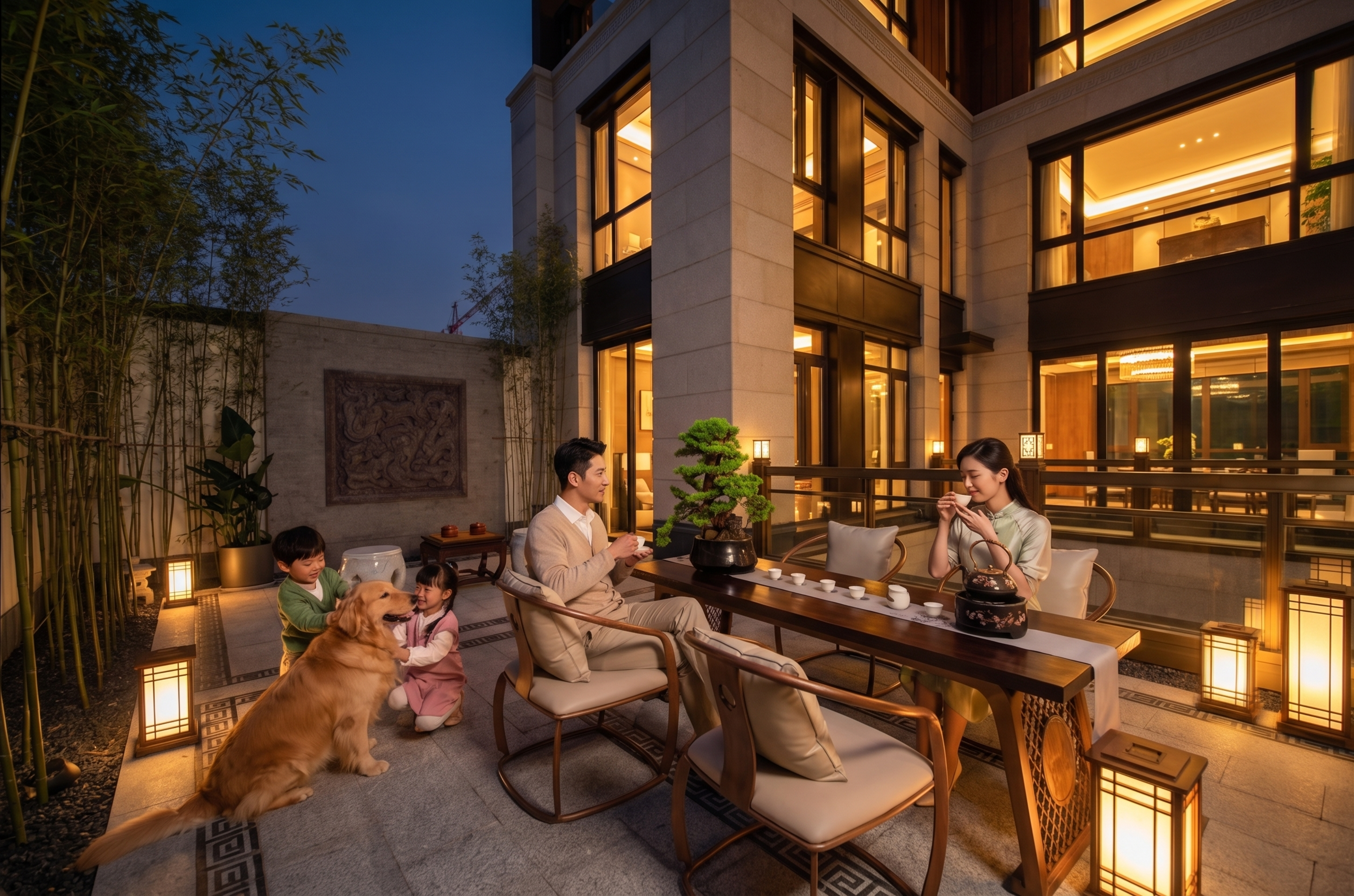 基于参考图场景，修改为夜景氛围，建筑室内灯火通明，新中式庭院露… - 图片创意预览