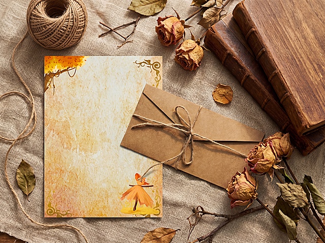 超写实静物摄影，俯拍45°视角，将参考图中的复古信封套装平铺在亚麻纱布上，左侧放展开的信纸，右侧放着信封，信封和信纸叠放着，整体自然；画面右侧点缀干枯玫瑰花和复古书本，左上角放置一团天然黄麻绳球，背景散落；整体呈现自然森系、ins风美学，细腻光影层次，突出纸张的纹理、纱布的粗糙肌理、木头的年轮纹理与花朵的质感；高细节、8K分辨率、专业商业静物摄影质感，景深适中，主体清晰锐利，色彩温暖治愈，色调柔和高级，氛围感拉满