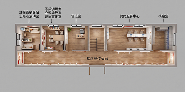根据平面设计图生成三维实景效果图，保持原有布局不变：红暖桑榆驿站志愿者活动室、矛盾调解室心理辅导室普法宣传室、值班室、便民服务中心、档案室、党建宣传长廊；优化室内设计细节与视觉效果（现代简约风格、木质地板、明亮灯光、专业陈设）；并在各功能室上方清晰标注对应名称文字（字体清晰易读，位置合理不遮挡）