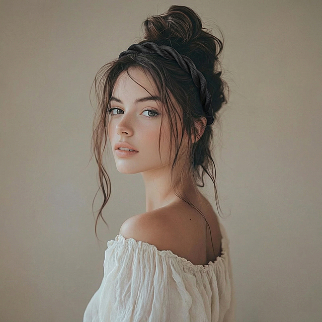 将原图模特头上的黄色发带替换为第二张图里的黑色细扭辫发带，要求发带自然贴合头部，位置合适，保持整体画面风格光影不变，融合自然