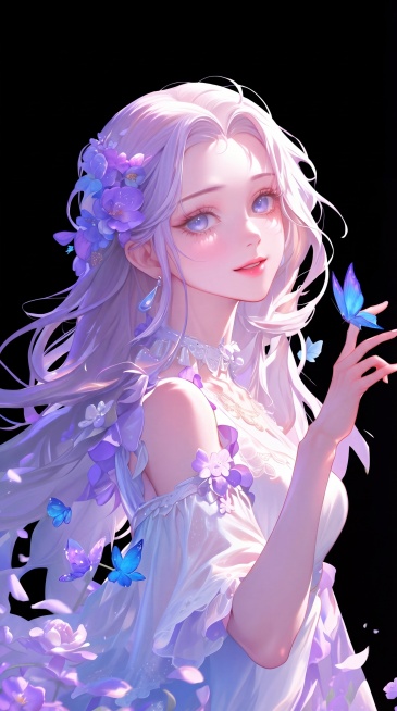 将背景改为纯黑色，补全人物左侧不完整的发尾，保证头发完整不被截断，最终输出为4K清晰度的图片，保留原图中人物、紫花、蓝色蝴蝶所有元素的风格和细节不变预览效果