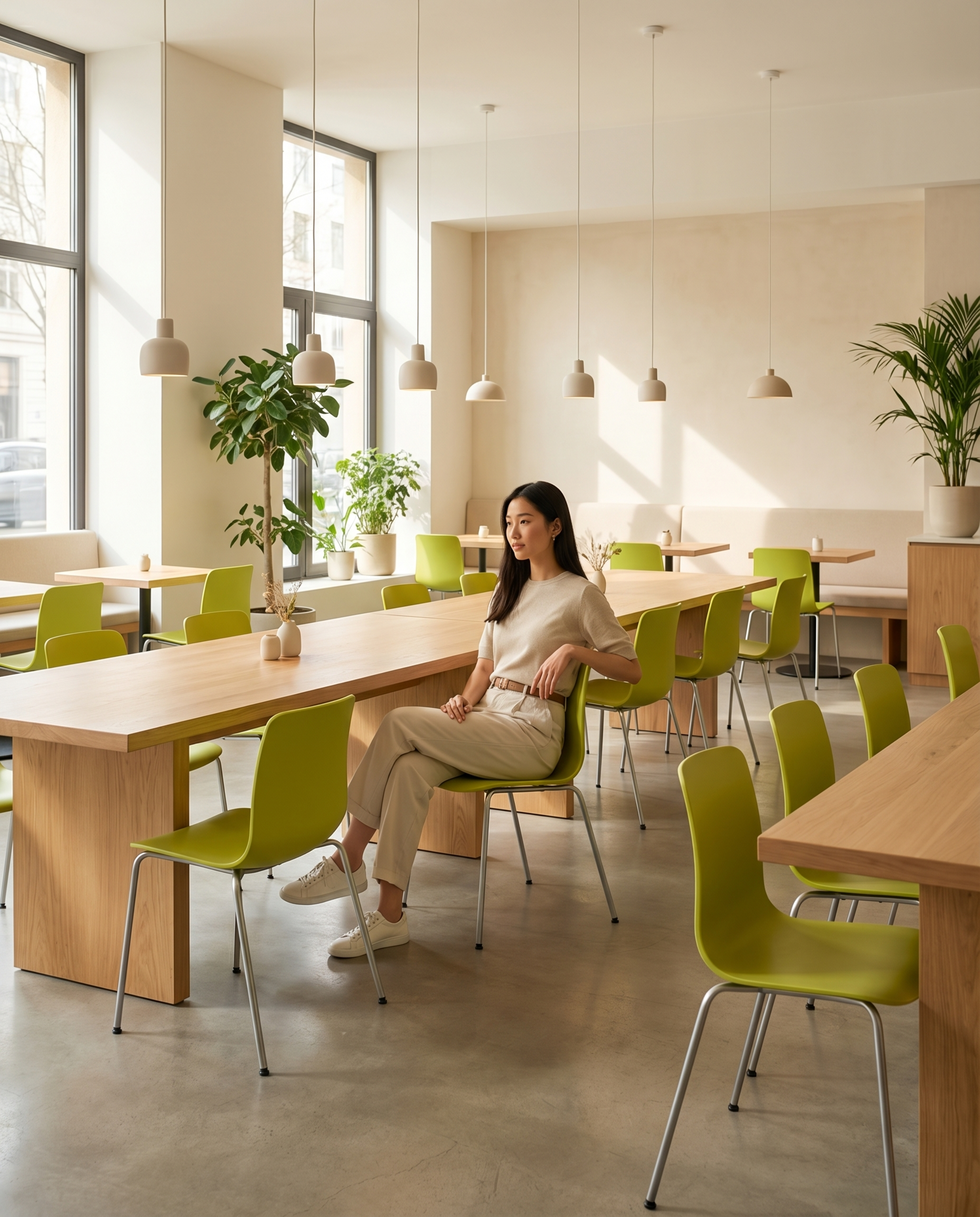 保留这把果绿色塑料椅的外观不变，生成大场景，一个亚洲女模特坐在… - 图片创意预览