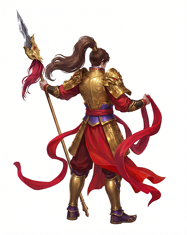 将这个穿金色铠甲的武将改成正视视角的背影，保持原有的金色铠甲、红色飘带、金色长枪、高马尾发型和配色风格不变，背景为纯白色，国风游戏立绘风格