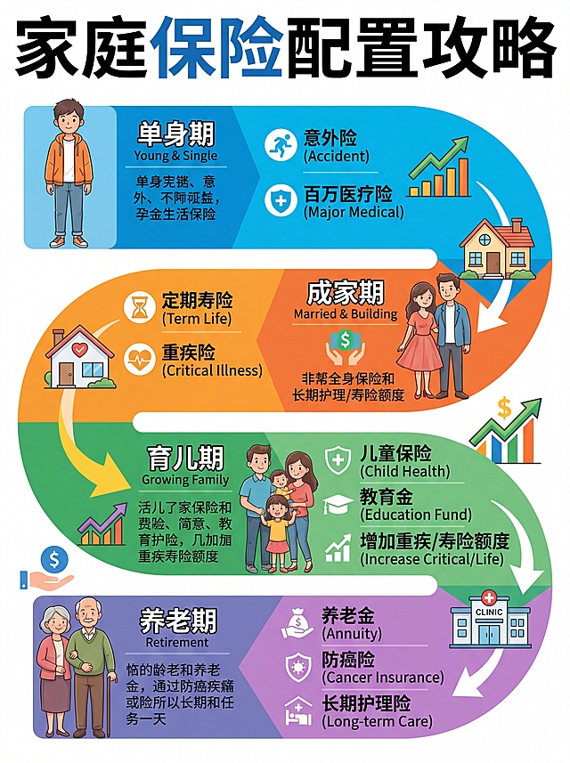 家庭保险配置攻略海报，上方放置大标题“家庭保险配置攻略”，内容结合家庭生命周期图，展示不同阶段的家庭保险配置方案，信息图文结合，色彩鲜艳明快，整体图片风格写实清晰，专业金融理财内容排版。
