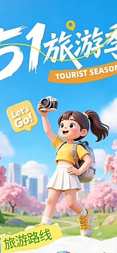 五一旅游出行3D卡通感长图海报