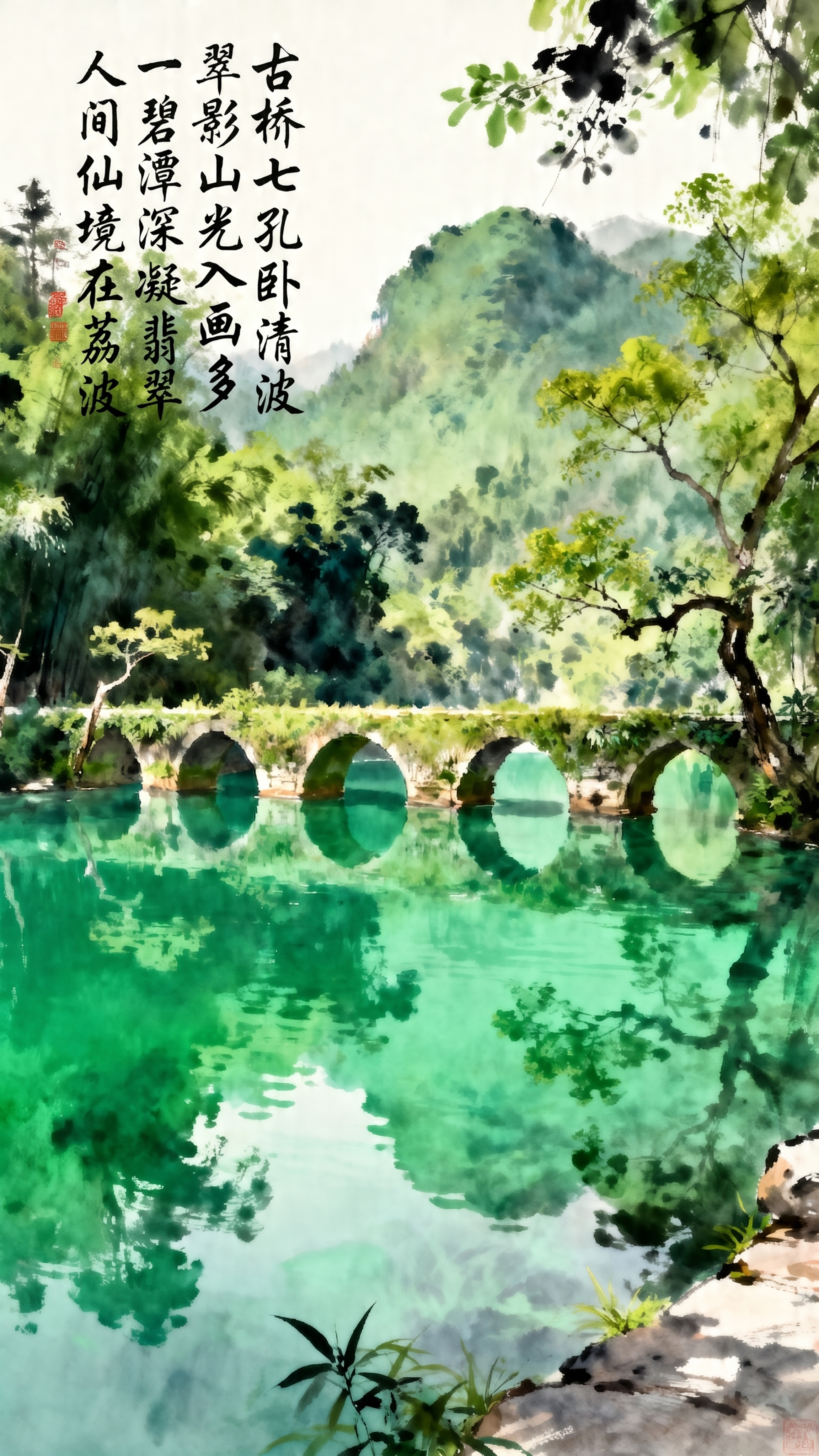 修改图片，把画面左上角的题诗标点去掉，文字改为：古桥七孔卧清波… - 图片创意预览