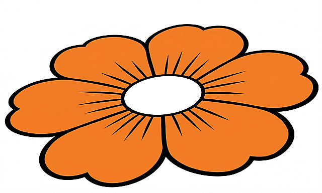 生成和参考图一模一样的橙色花朵，白色花心，黑色轮廓线条，纯白背景，完全水平的正常角度，正视图，高清画质