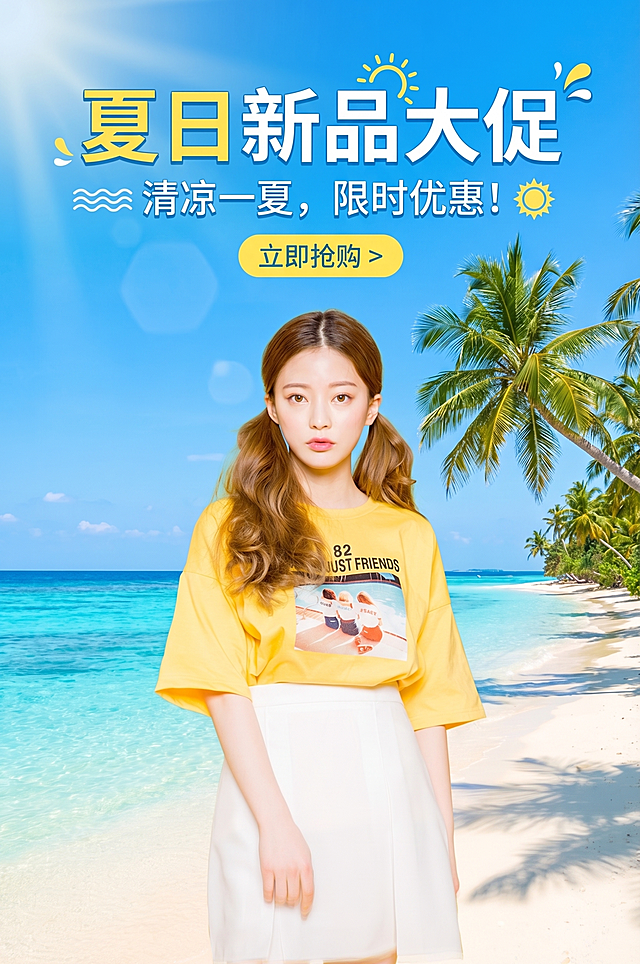 基于这张夏季女装模特图，生成电商促销海报，保留模特和黄色T恤白色半裙，替换为清新阳光夏日海边背景，添加醒目夏季新品促销文字排版，设计风格时尚清新适合电商平台首页展示