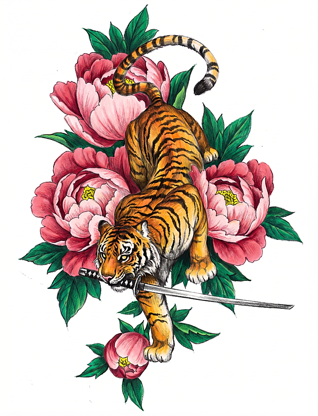 将老虎牡丹纹身渲染为高饱和度鲜艳彩色擦画：把老虎口中的刀改短，刀尖缩短到虎前爪附近即可，老虎皮毛橙黄色配纯黑色条纹，牡丹花花瓣玫红色渐变浅粉色，花心鹅黄色，叶片深翠绿色，刀身银白色刀柄黑色；保持整体构图，保留纯白色背景，擦画晕染质感自然，色彩浓郁鲜艳，符合纹身风格，去掉右下角水印文字