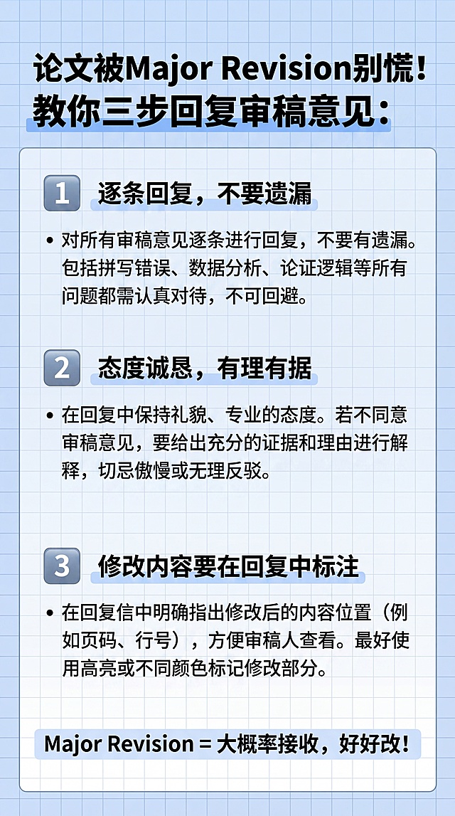 基于原图重绘，确保所有文字清晰可读：标题‘论文被Major Revision别慌！教你三步回复审稿意见：’；步骤1‘逐条回复，不要遗漏’及说明；步骤2‘态度诚恳，有理有据’及说明；步骤3‘修改内容要在回复中标注’及说明；底部强调句‘Major Revision = 大概率接收，好好改！’。保持浅蓝网格背景与简约学术风格，禁止水印，字体加粗清晰、无模糊。
