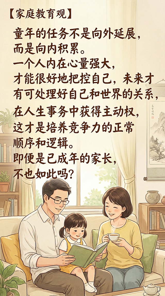家庭教育主题海报，画面上有中国父母和中国女孩子，整体风格温暖治愈。图片上清晰书写正确的中文文字："【家庭教育观】童年的任务不是向外延展，而是向内积累。一个人内在心量强大，才能很好地把控自己，未来才有可能处理好自己和世界的关系，在人生事务中获得主动权，这才是培养竞争力的正常顺序和逻辑。即便是已成年的家长，不也如此吗？"