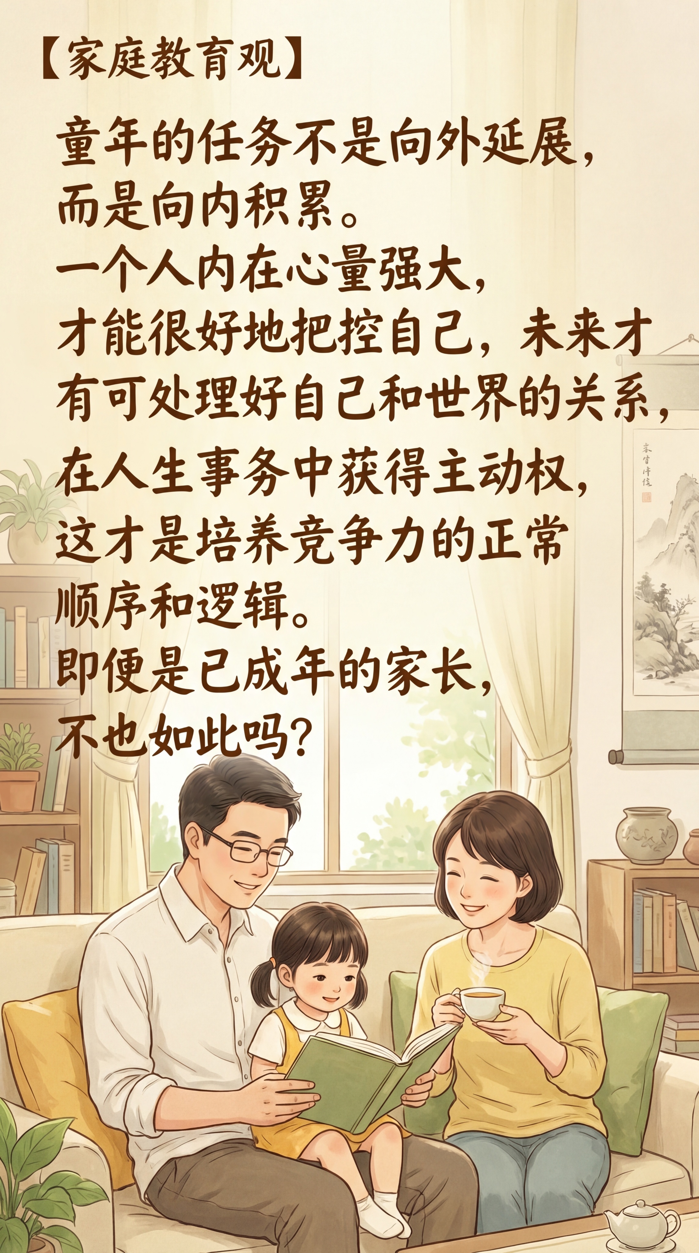 家庭教育主题海报，画面上有中国父母和中国女孩子，整体风格温暖治… - 图片创意预览
