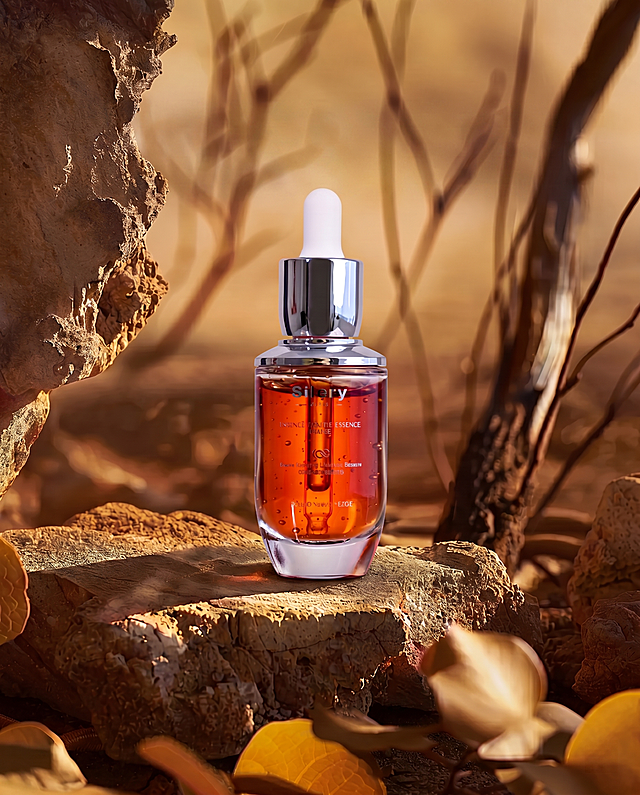 移除图片顶部的两行白色英文文字"TWO-THREE DESIGN"和"PRODUCT PHOTOGRAPHY"，用与周围一致的暖棕色模糊干枯背景填充文字区域，保持整个场景的光影、色调和其他元素完全不变，画面自然真实，4K分辨率