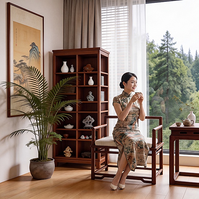 在这个新中式茶室空间中添加一位穿旗袍的东方女性，优雅坐在椅子上悠闲喝茶，保持原房间中式风格和整体布局，画面自然和谐