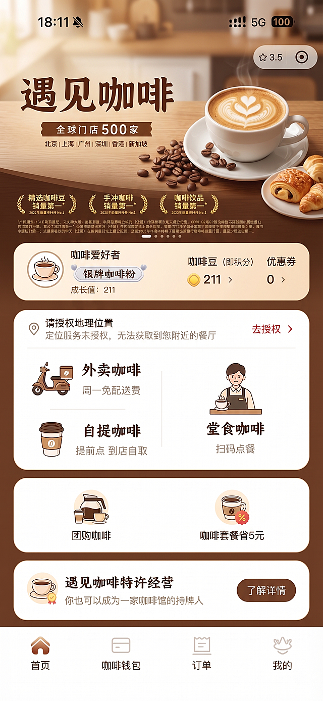 参考该小程序首页的版式和配色风格，生成一张咖啡主题的小程序首页，整体为暖色调，顶部大标题 "遇见咖啡"，展示门店信息和荣誉，保留个人信息区域、功能入口区域和底部导航，替换所有内容为咖啡相关主题，风格温暖治愈，保留原有的圆角卡片布局和配色体系