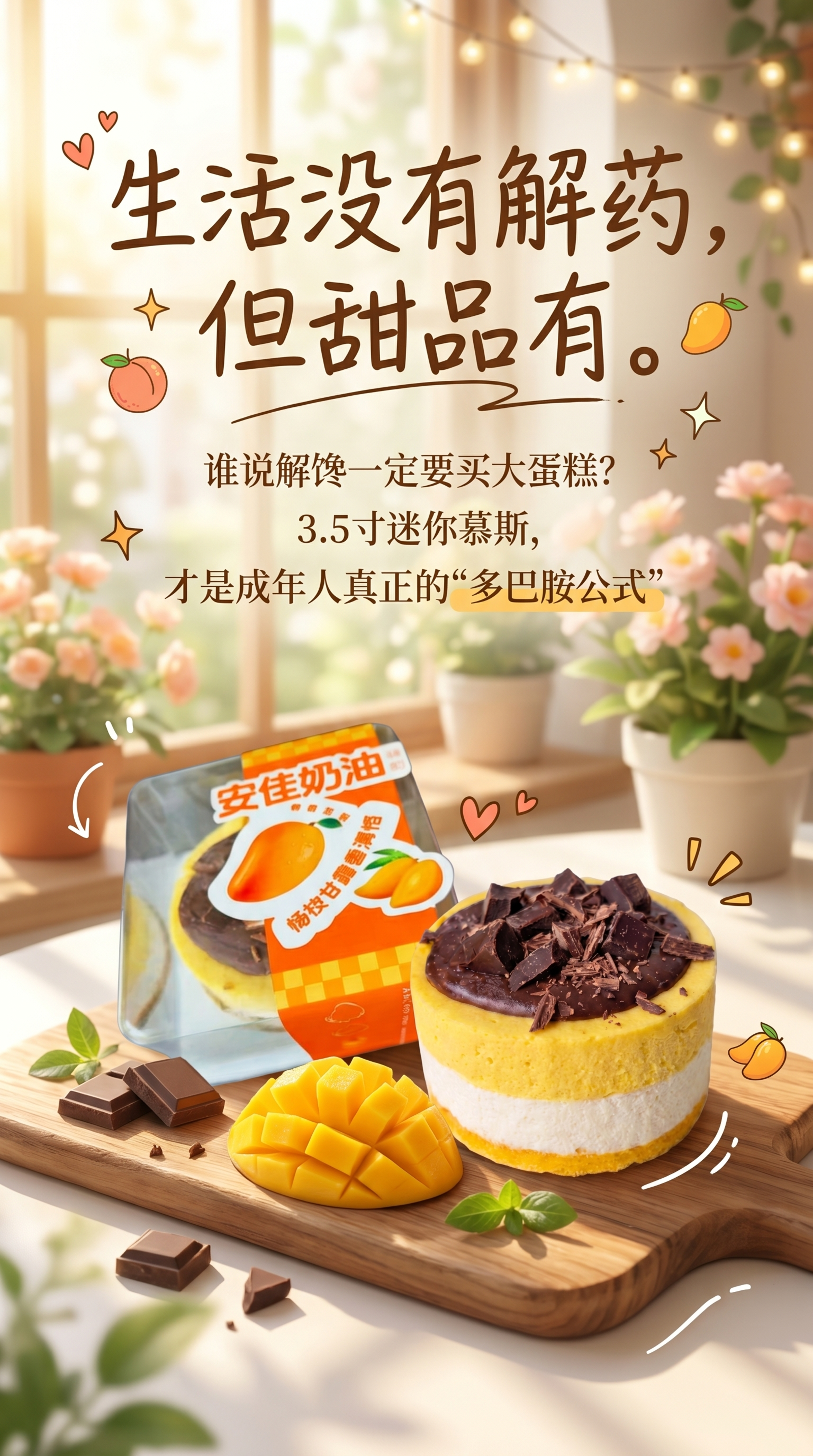 甜品宣传海报，把两张迷你慕斯蛋糕的图片合成到海报里，风格治愈温… - 图片创意预览