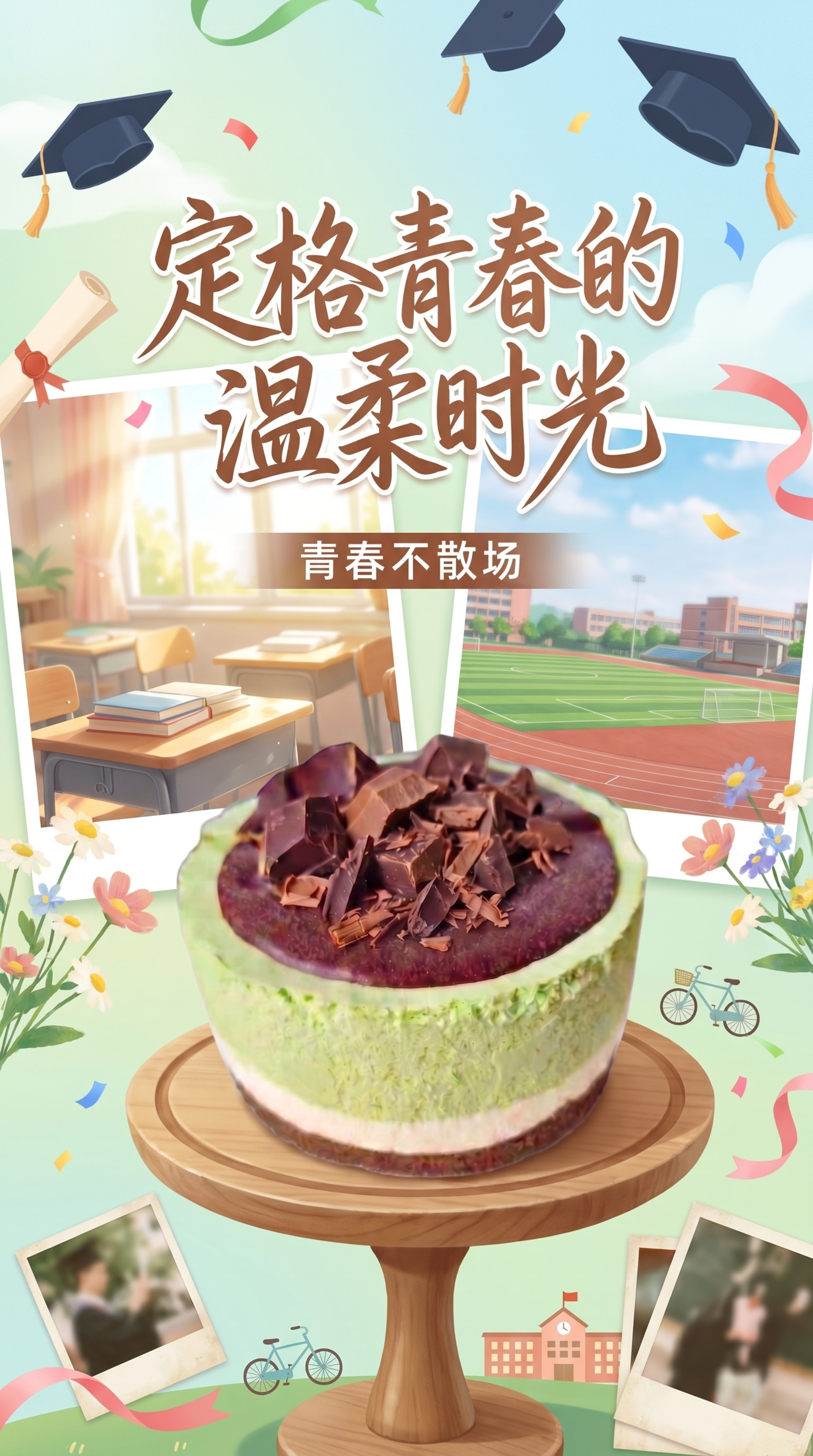 毕业季海报，青春校园氛围，包含图中的三寸半开心果巧克力奶油蛋糕… - 图片创意预览