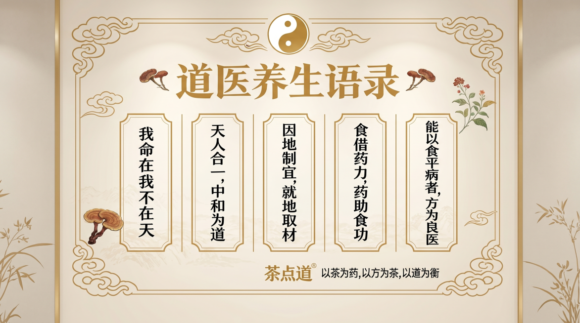 根据参考图生成文化墙设计图，去掉楼梯部分，只保留墙面的文化墙内容，保持原设计风格和所有文字内容不变：顶部太极图和祥云图案，标题是“道医养生语录”，内容为五条：我命在我不在天、天人合一，中和为道、因地制预览效果