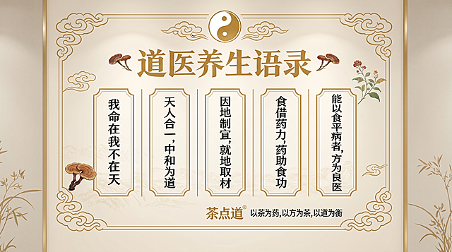 根据参考图生成文化墙设计图，去掉楼梯部分，只保留墙面的文化墙内容，保持原设计风格和所有文字内容不变：顶部太极图和祥云图案，标题是“道医养生语录”，内容为五条：我命在我不在天、天人合一，中和为道、因地制宜，就地取材、食借药力，药助食功、能以食平病者，方为良医，底部文字为“茶点道 以茶为药，以方为茶，以道为衡”，保留灵芝、祥云、植物装饰，中式传统风格，米白底配金色线条文字