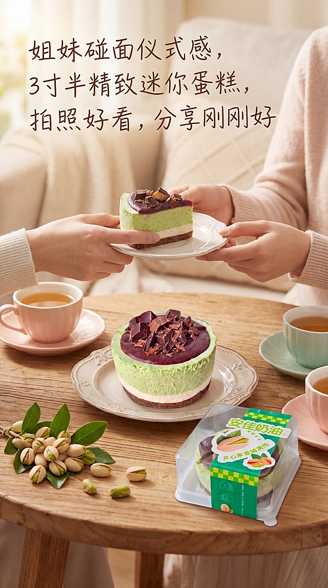 生成一张美食宣传海报，主题是姐妹碰面仪式感，3寸半精致迷你蛋糕，拍照好看，分享刚刚好。把提供的两张开心果巧克力蛋糕产品图融入进去，整体风格温馨治愈，适合社交分享，蛋糕为主视觉，搭配清新背景，加上文案'姐妹碰面仪式感，3寸半精致迷你蛋糕，拍照好看，分享刚刚好'，整体构图美观协调。