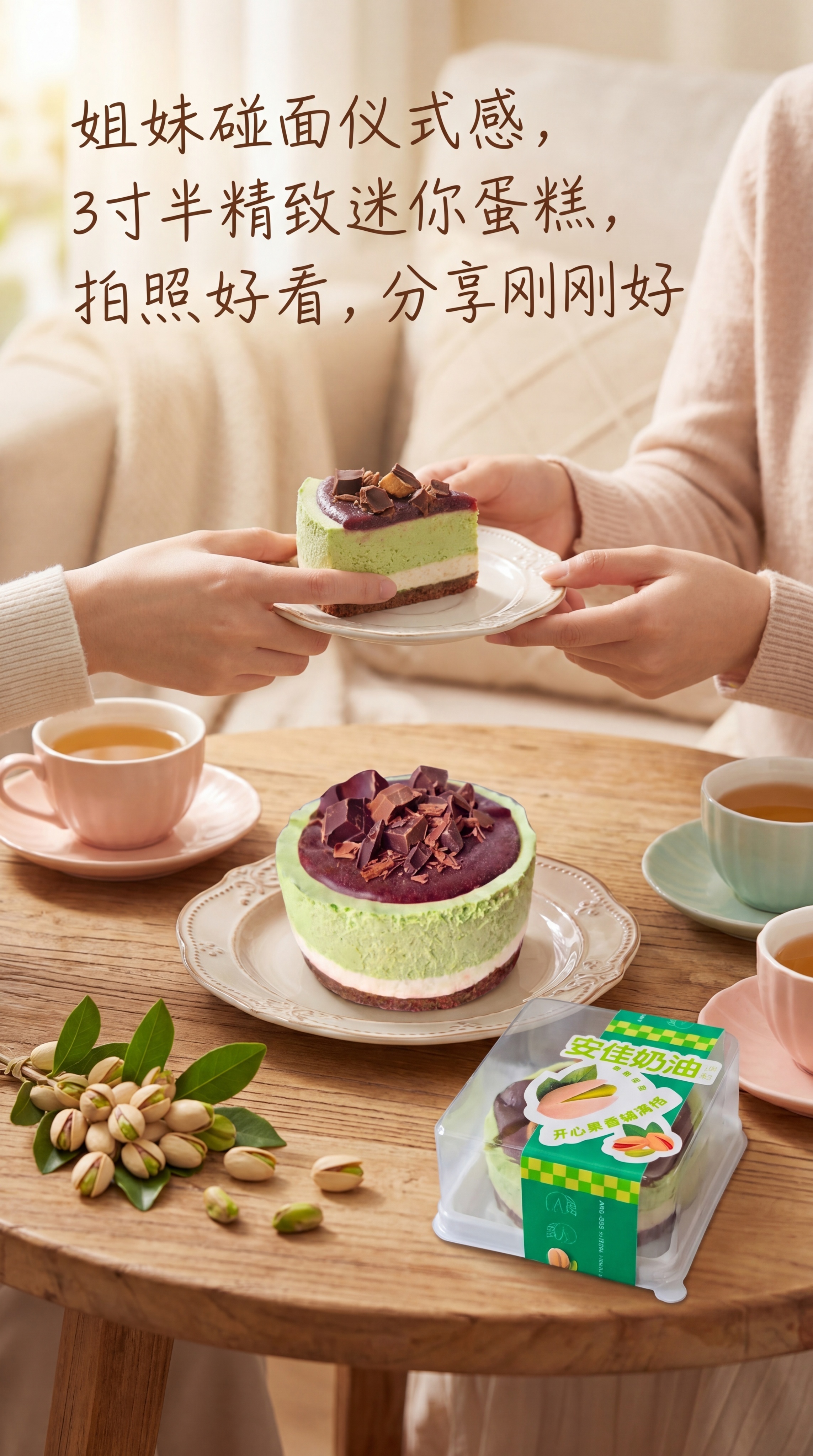 生成一张美食宣传海报，主题是姐妹碰面仪式感，3寸半精致迷你蛋糕… - 图片创意预览