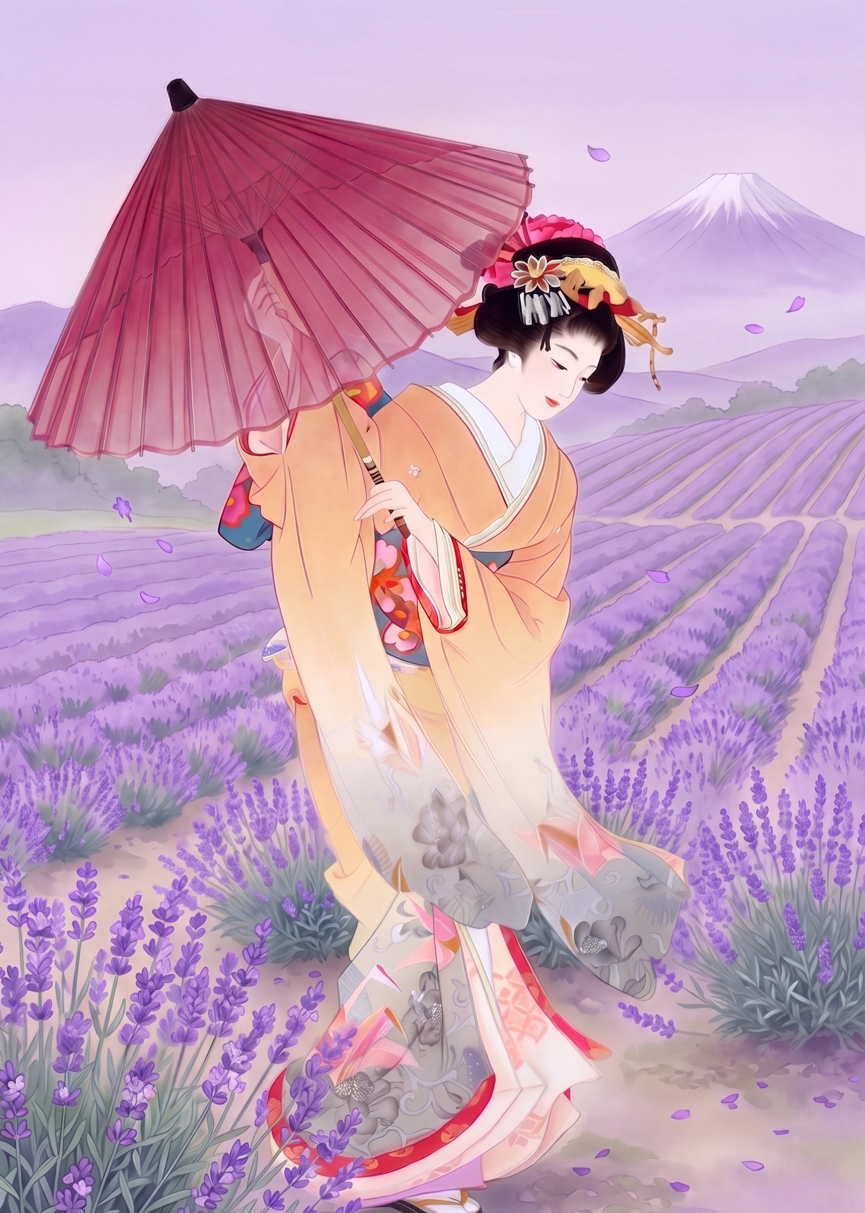 保留原图人物造型、姿势、服饰、薰衣草背景不变，只将伞的颜色修改… - 图片创意预览