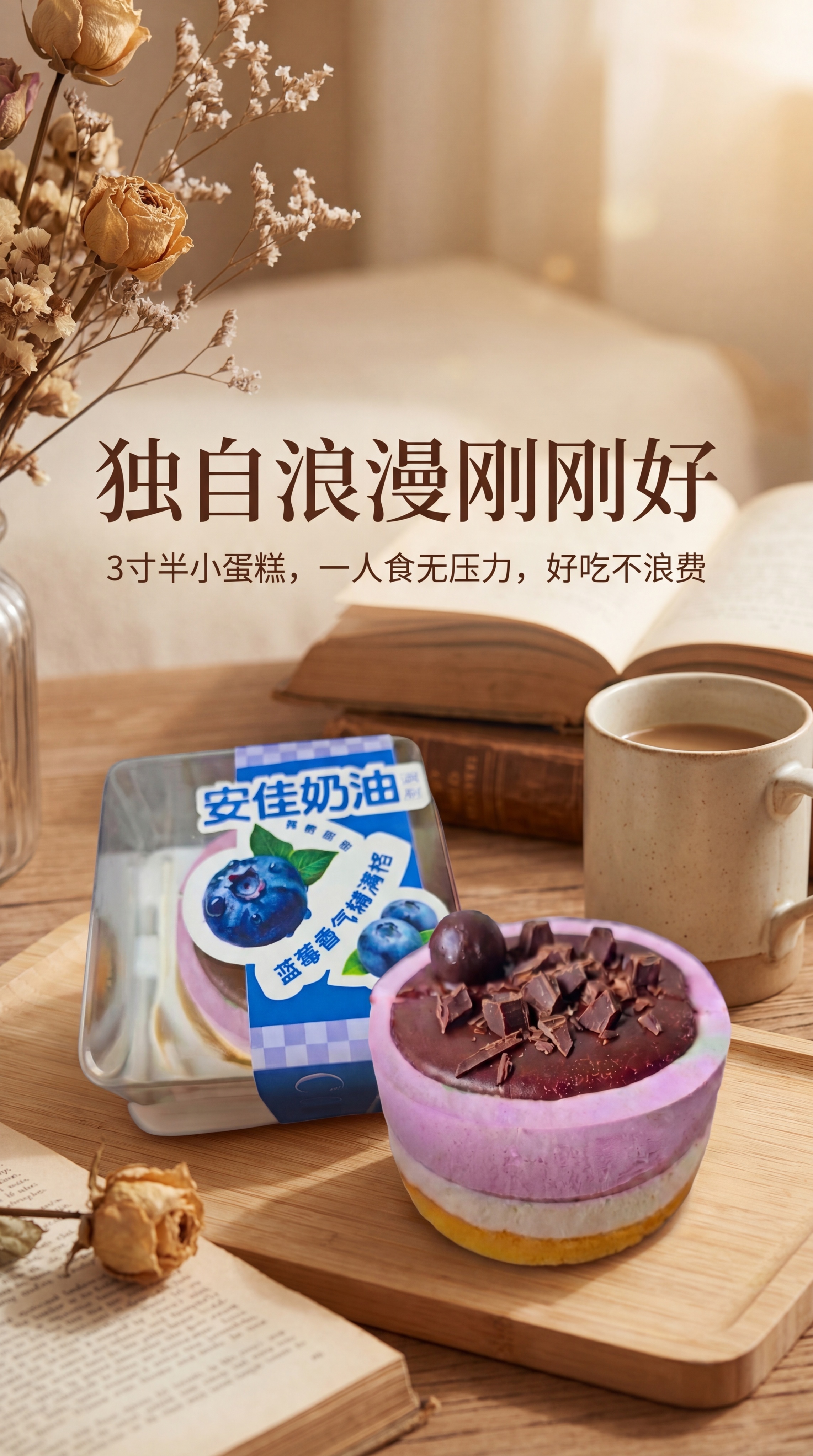 将提供的两张小蛋糕图片合成一张美食宣传海报，氛围温馨治愈，体现… - 图片创意预览