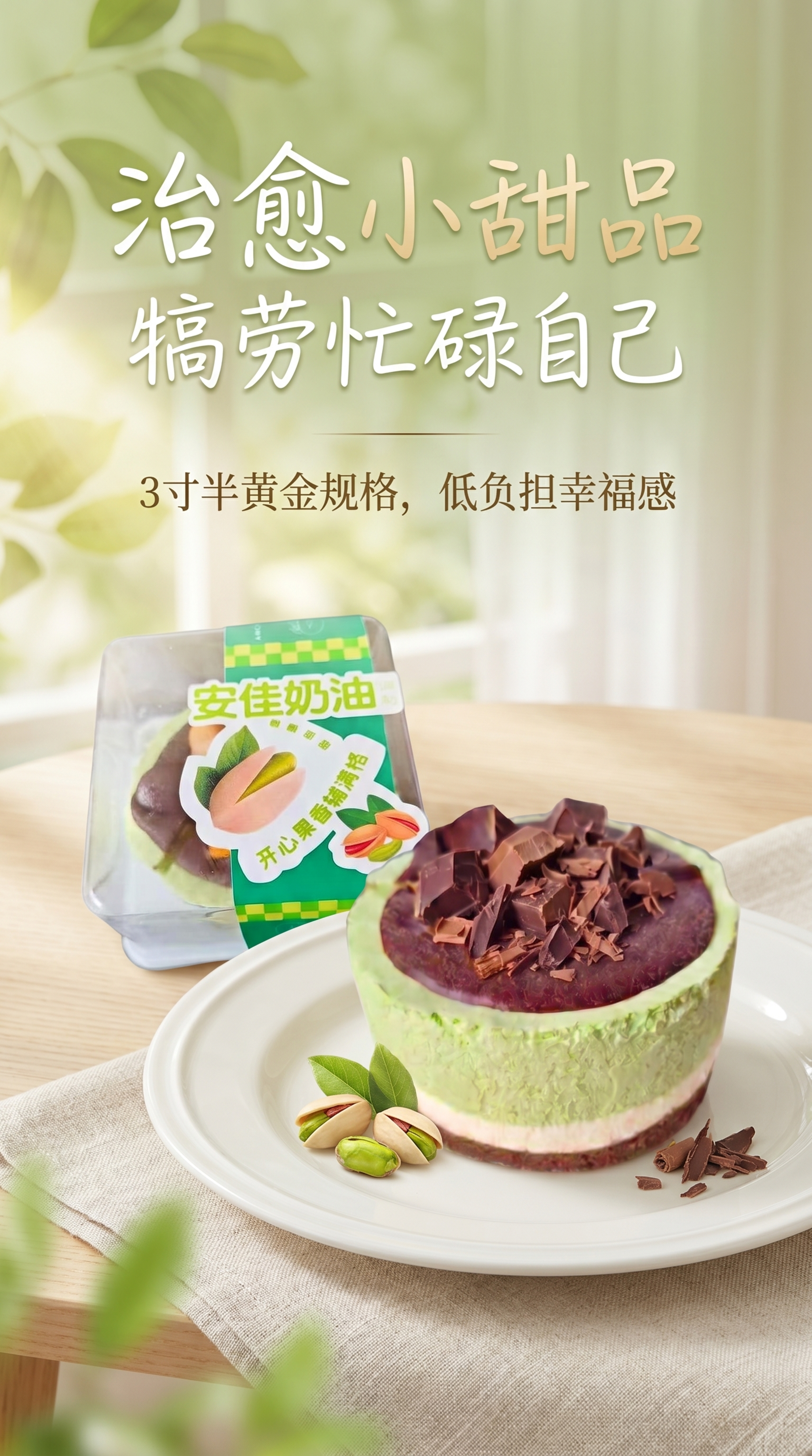制作一张治愈风格甜品宣传海报，将两张开心果巧克力甜品产品图融入… - 图片创意预览