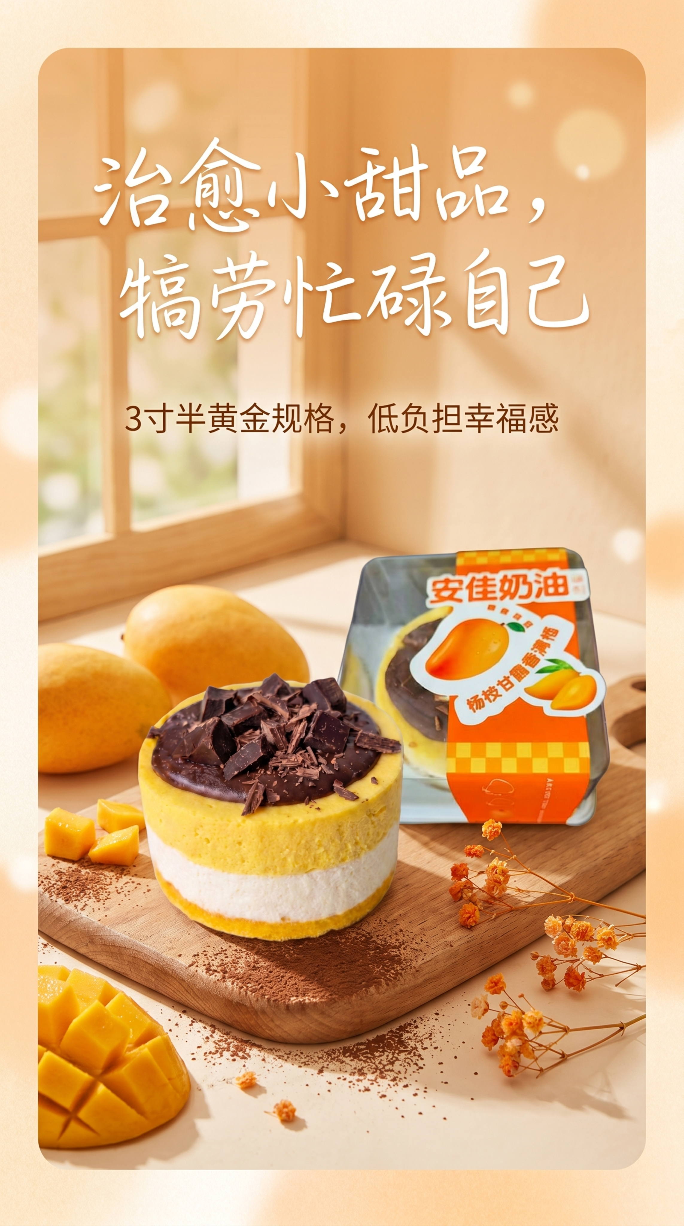 制作一张治愈系甜品宣传海报，将两张参考图里的芒果巧克力甜品加入… - 图片创意预览