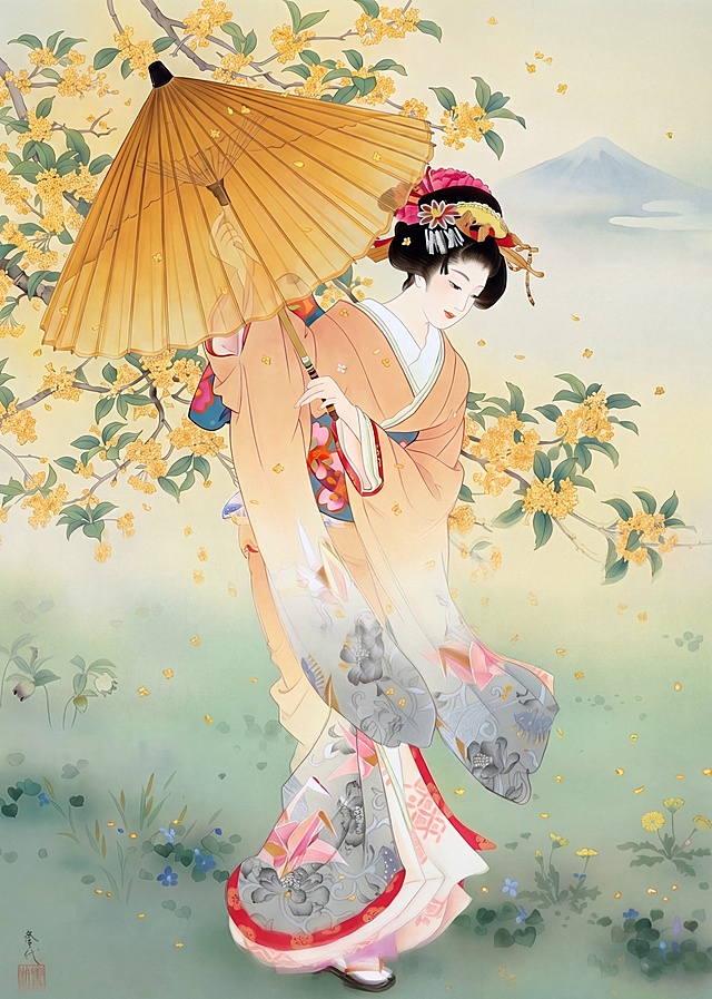 保留原图风格、人物、桂花背景不变，只将图片中伞的颜色修改为黄色系，提升画面整体清晰度