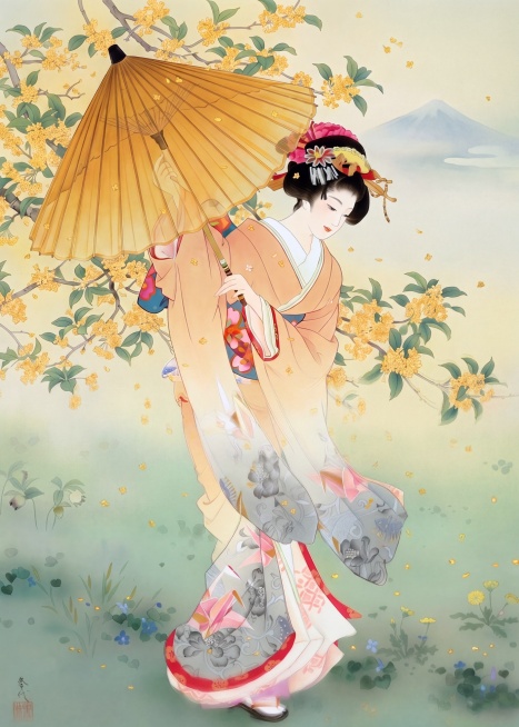 保留原图风格、人物、桂花背景不变，只将图片中伞的颜色修改为黄色系，提升画面整体清晰度预览效果